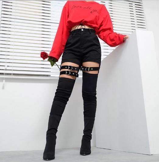 Hollow Out Buckle Strap Pants