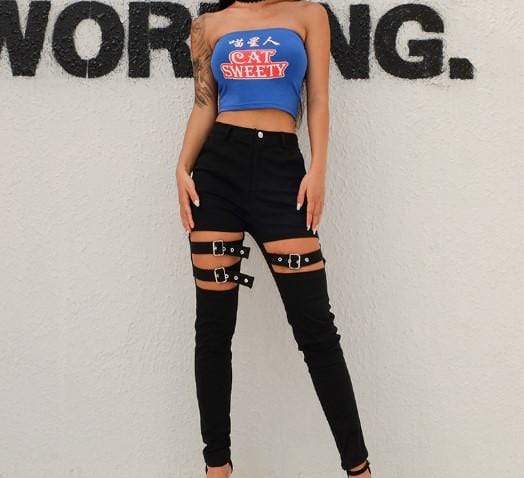 Hollow Out Buckle Strap Pants