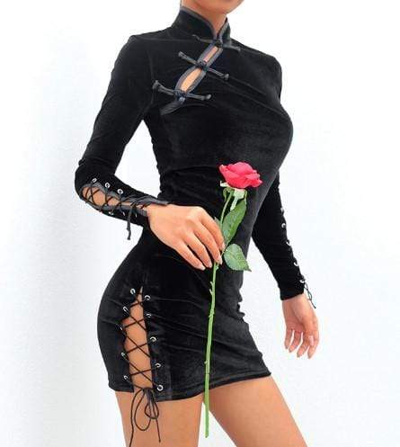 Gothic Buckle Lace Up Velvet Dress