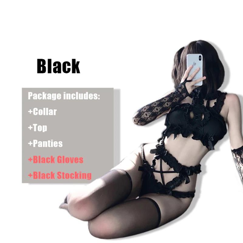 Hollow Heart Chiffon Lace Lingerie Set