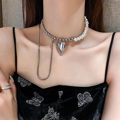 Layered Faux Pearl Heart Pendant Necklace