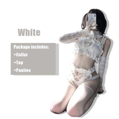 Hollow Heart Chiffon Lace Lingerie Set