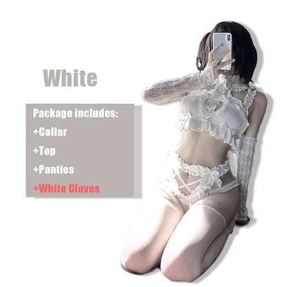 Hollow Heart Chiffon Lace Lingerie Set