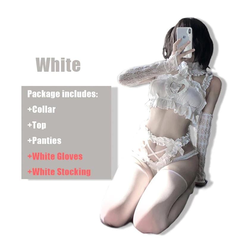 Hollow Heart Chiffon Lace Lingerie Set