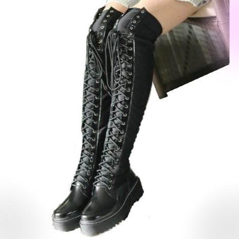ELECTRA Black Lace Up Over The Knee Boots