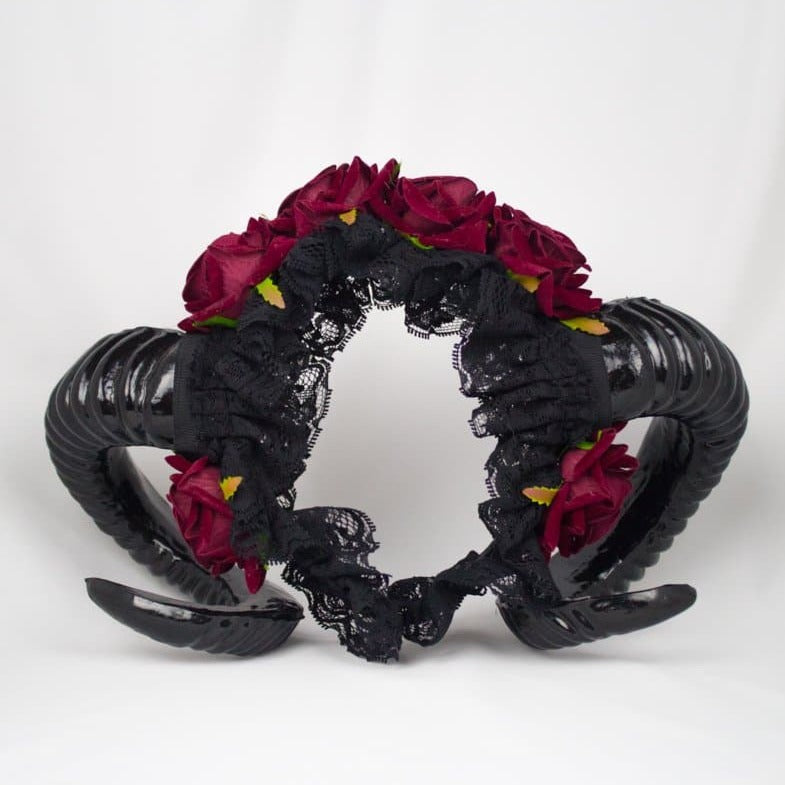GOTHIC HORNS HEADDRESS WITH OPTIONAL BLACK VEIL (ROSE RED)