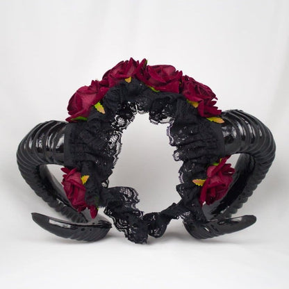 GOTHIC HORNS HEADDRESS WITH OPTIONAL BLACK VEIL (ROSE RED)