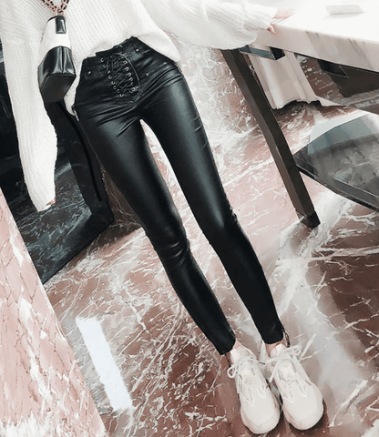Gothic Leather Lace Pants High Waist