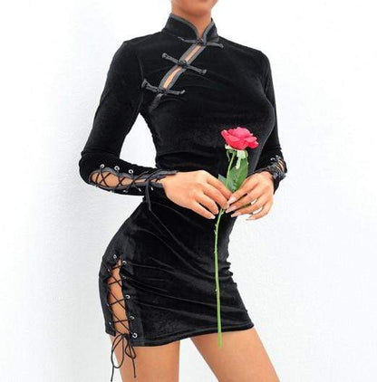 Gothic Buckle Lace Up Velvet Dress