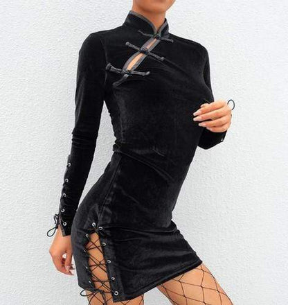 Gothic Buckle Lace Up Velvet Dress
