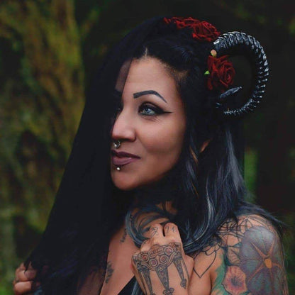 GOTHIC HORNS HEADDRESS WITH OPTIONAL BLACK VEIL (ROSE RED)