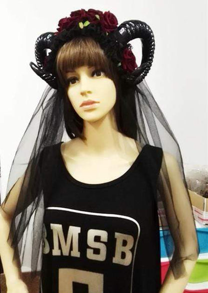 GOTHIC HORNS HEADDRESS WITH OPTIONAL BLACK VEIL (ROSE RED)